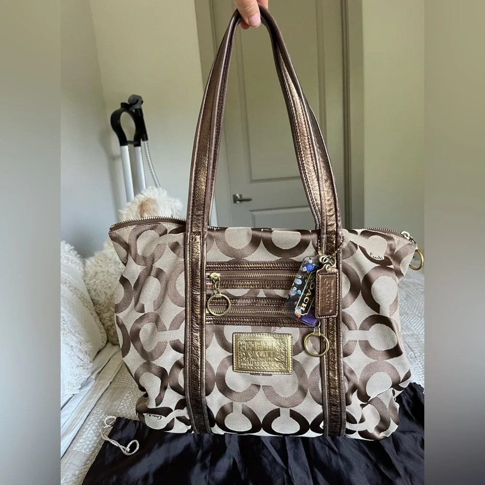 Coach Poppy C op art glam bronze metallic leather brown jacquard canvas tote bag